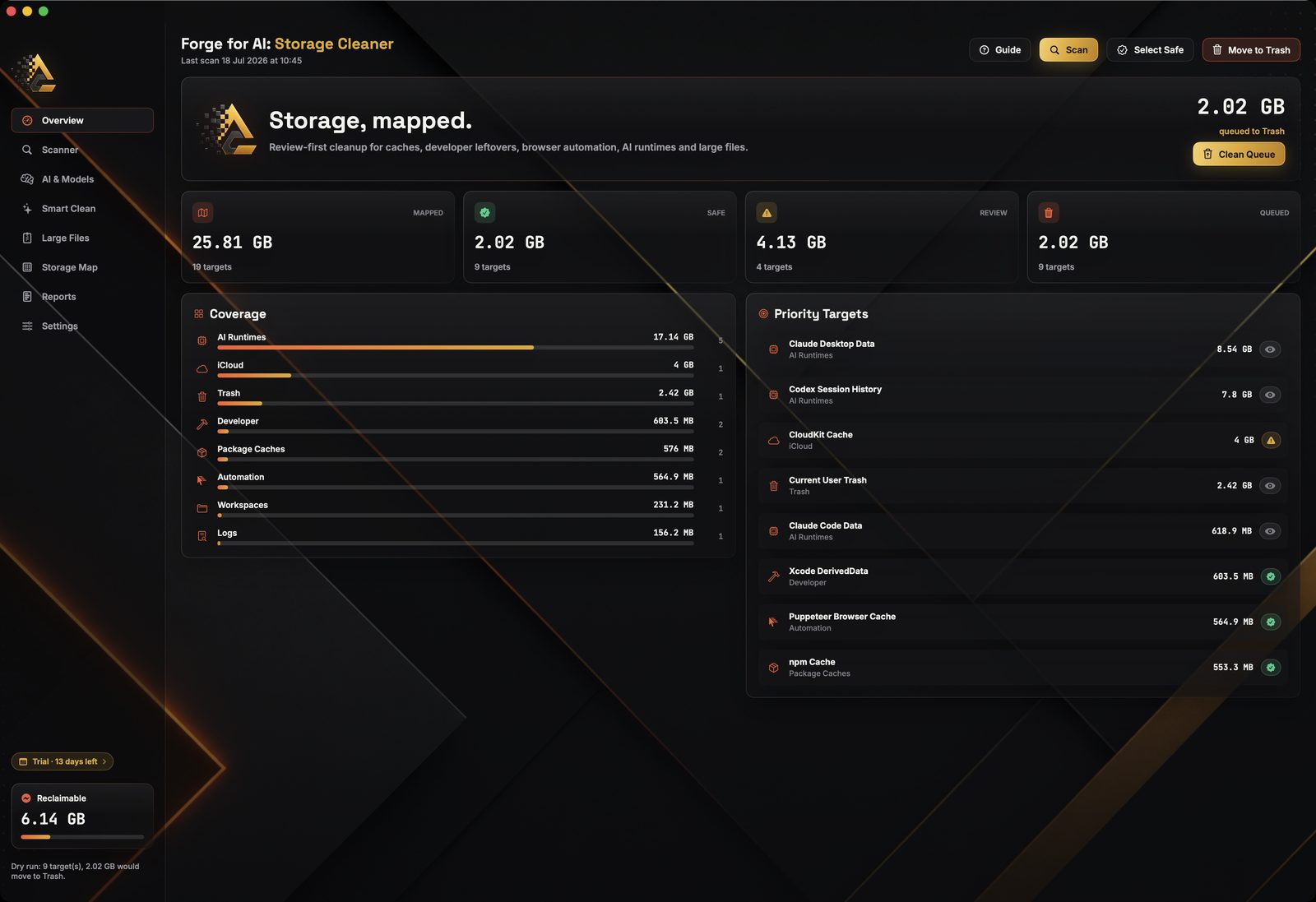 The Overview screen showing mapped, safe, review and queued totals