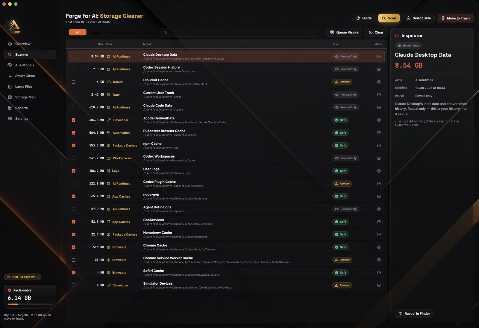 The scanner list with size, full path and risk badge on every row