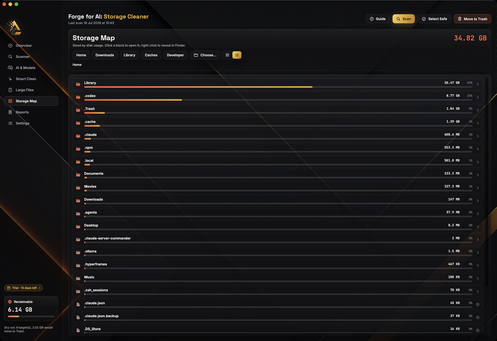 The Storage Map view listing folders largest first
