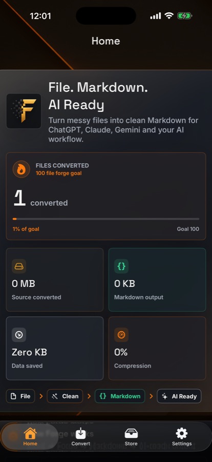 The Forge Home screen showing the file-to-Markdown workflow