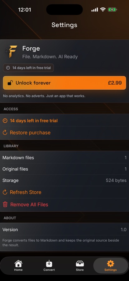 Forge Settings screen